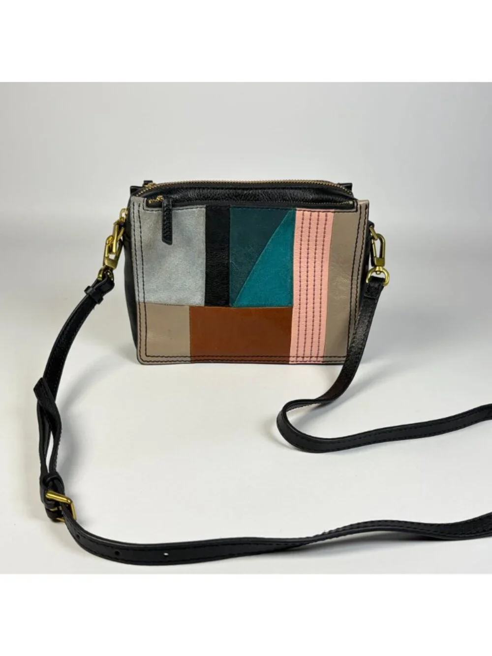 Fossil Campbell Geometric Suede Patchwork Leather Crossbody Bag Purse Boho
